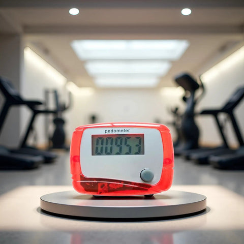 Red Portable Pedometer With Mini Digital LCD Display, All In One Step Counter For Walking And Running, Tracks Distance In Miles, Calorie Burn, Daily Target, Exercise Time, Compact And Easy To Use on gym table