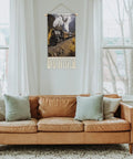 Dope Locomotive Train Wall Tapestry With Tassels Cotton And Linen Hanging Poster displayed in a living room above a sofa.