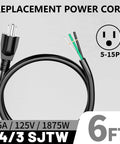 Two Pack 6 Foot 14 AWG 3 Conductor Heavy Duty Power Cord For Appliances And Tools Black Pigtail End Open End NEMA 5 15P