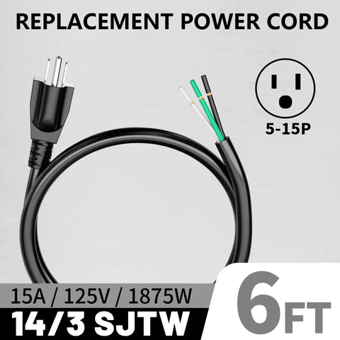 Two Pack 6 Foot 14 AWG 3 Conductor Heavy Duty Power Cord For Appliances And Tools Black Pigtail End Open End NEMA 5 15P