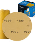Close-up of 320 Grit 6 Inch PSA Self Adhesive Sanding Discs Aluminum Oxide Sandpaper 100 Pack next to packaging box.