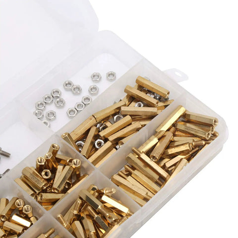 Hex Standoff Spacer Kit With 300 Pieces In Brass And Plated Iron, Multipurpose Mounting Pillars For Motherboard And Electronics DIY Projects, Workhorse Durability And Easy Install Fastener System, assorted spacers and nuts in organizer tray