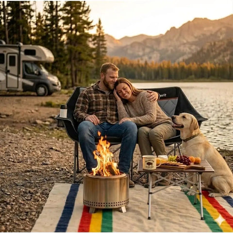 Couple sitting on Oversized Heavy Duty Camping Loveseat With Cup Holders by lake with dog and fire pit