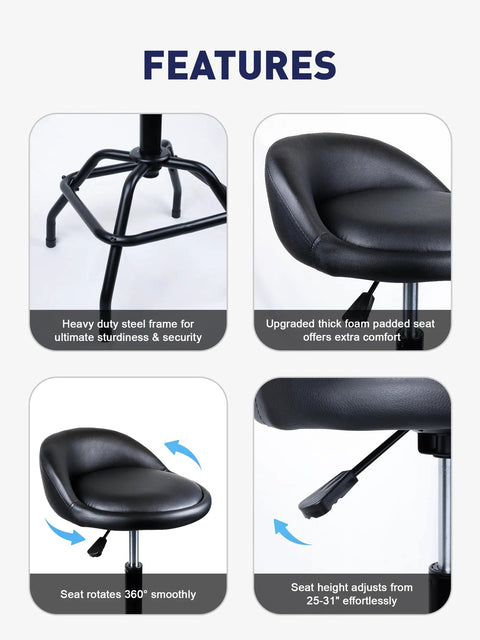 Features of Garage Shop Stool With Backrest Height Adjustable Pneumatic Bar Stool 25 to 31 Inches Swivel Counter Height Seating