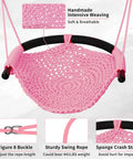 Pink kid-friendly rope swing seat with handwoven design, snap hooks, straps, 440 lb capacity, for indoor outdoor playset.