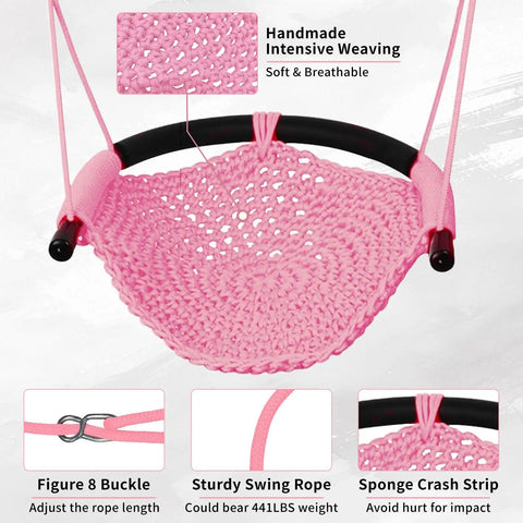 Pink kid-friendly rope swing seat with handwoven design, snap hooks, straps, 440 lb capacity, for indoor outdoor playset.