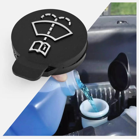 Black washer fluid reservoir cap being installed on a vehicle; Windshield Washer Fluid Reservoir Cap for GM Rides and Trucks Fits Cadillac Escalade Chevrolet Silverado Malibu Impala GMC Sierra 1500 Buick Enclave Acadia and More