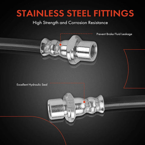 Close-up of stainless steel fittings on Front Brake Hose For Toyota Tundra 2007-2020 And Sequoia 2008-2019, Bolt-On Front Left Or Right.