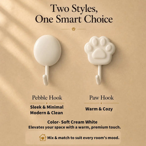 Top Shelf White Self Adhesive Wall Hooks Featuring Chic Paw And Oval Designs For Quick Snap Installation showcasing pebble and paw styles.