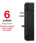 Side view of black 6 Outlet 2 USB Swivel Wall Tap Surge Protector With 2100 Joules and text showing six outlets and surge protection