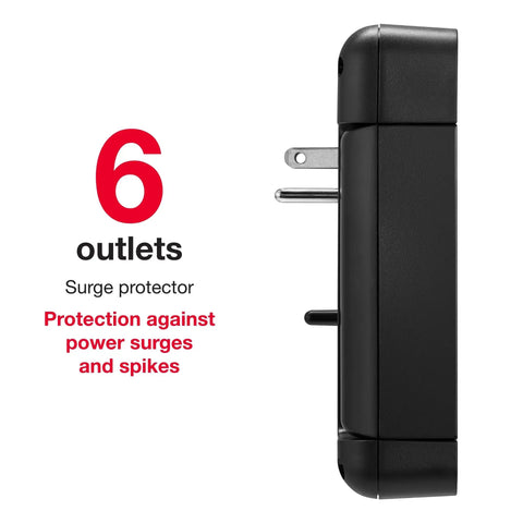 Side view of black 6 Outlet 2 USB Swivel Wall Tap Surge Protector With 2100 Joules and text showing six outlets and surge protection