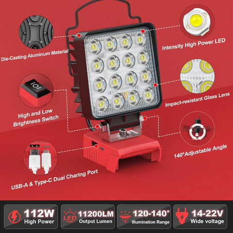 Cordless LED Work Light With Milwaukee 18V Battery Compatibility 112W Flood Lamp features and specifications diagram