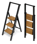 Three Step Folding Ladder With Anti Slip Wide Pedals And Handgrip, Aluminum Lightweight Steel Frame, 330 Lb Capacity For Home And Office, Black Woodgrain Finish, folded and open