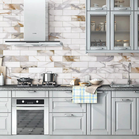 Gold Marble Peel And Stick Subway Tile Set 16 Sheets 4x12 Inches self adhesive stone composite backsplash in modern kitchen