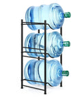 Three Tier Water Jug Rack For Five Gallon Bottles Detachable Bottle Holder Organizer Space Saving Storage Rack Black Ideal For Kitchen Restaurant Office Break Room And Classroom To Keep Bottles Neat And Hassle Free Access showing three water jugs.