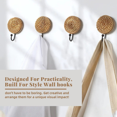 Four Pack Boho Rattan Wall Hooks Set With Distressed Wood Frames, holding coats and towels on a wall.