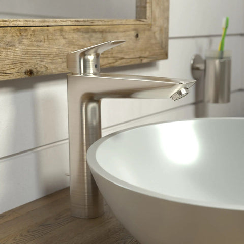 Modern Low Flow One Handle Tall 10 Inch Bathroom Sink Faucet In Brushed Nickel EcoRight Water Saving Design Delivers Up To 1.2 GPM And Saves Water And Energy Includes Aerator Pop Up Drain Ceramic Cartridge And Temperature Limiter in bathroom setting