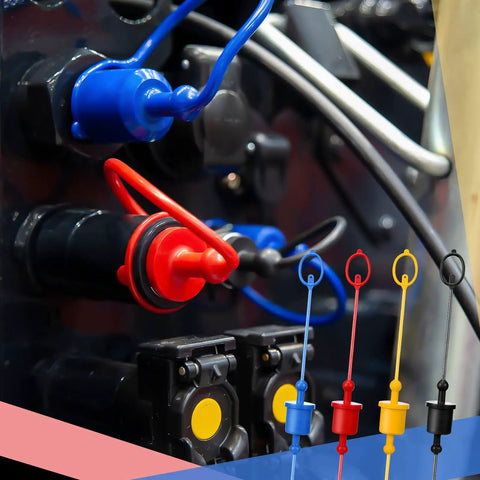 Four Pack 3/8 Inch Hydraulic Hose Cap Set With Quick Coupler Covers Including Male Dust Caps And Female Plug Caps in use.