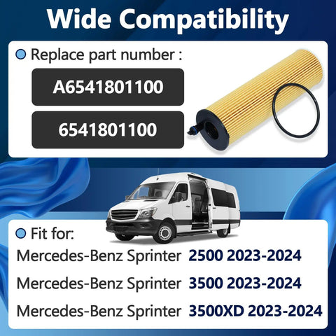 Mercedes Sprinter Engine Oil Filter Kit 6541801100 Replacement For 2500 3500 3500XD 2023 2024 compatibility chart and filter