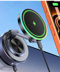 MagSafe Car Mount Charger With 15W Fast Wireless Charging attached to a smartphone, showing magnetic phone holder and charging indicator.