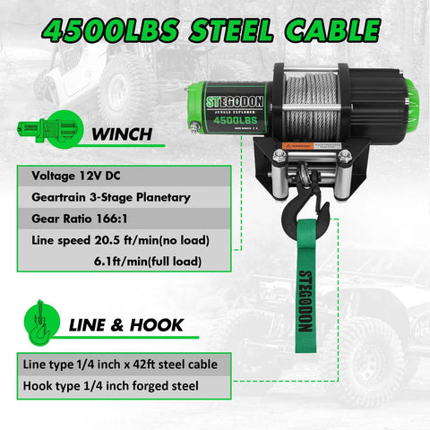 Image of a 4500 Lb 12V Waterproof Electric Winch for ATV UTV showing steel cable and specifications.