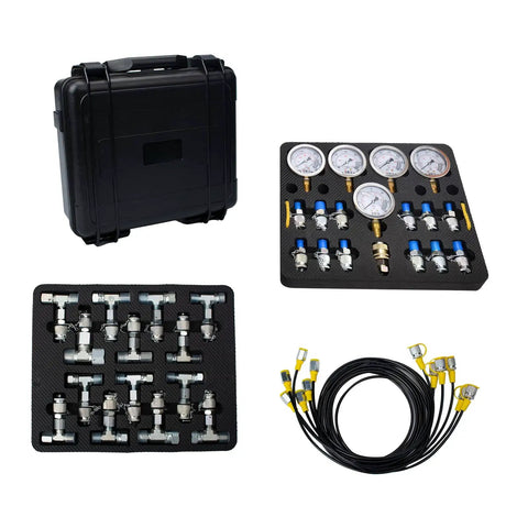 Built Tough Hydraulic Pressure Test Kit for Excavator With 13 Couplings and 14 Tee Connectors, 6 Test Hoses, 5 Pressure Gauges, Covers 150 1500 3500 6000 9000 PSI for Accurate Readings