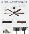 Beefy 52 Inch Ceiling Fan No Light With Remote Modern Ceiling Fan Without Light Dual Finish Six Blades Reversible Quiet DC Motor Six Speed Large Ceiling Fan For Indoor Or Covered Outdoor Black, showing dimensions and parts details.