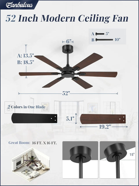 Beefy 52 Inch Ceiling Fan No Light With Remote Modern Ceiling Fan Without Light Dual Finish Six Blades Reversible Quiet DC Motor Six Speed Large Ceiling Fan For Indoor Or Covered Outdoor Black, showing dimensions and parts details.