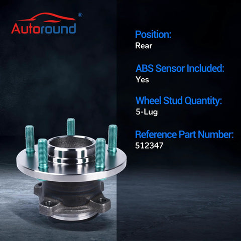 Rear Wheel Bearing And Hub Assembly 5 Lug With ABS 4 Wheel For Mazda 3 2004 To 2013 And Mazda 3 Sport 2009 To 2013 And Mazda 5 2006 To 2017 2 Pack Replacement Parts showing wheel hub with 5-lug design and ABS sensor.