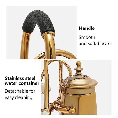 Close-up of handle and stainless steel water container of Royal Belgian Siphon Coffee Maker In Gold Retro Siphon Brewer.