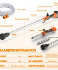 Heavy Duty Battery Powered Stick Water Pump With Three Speed Adjustable Motor And Hassle Free Bulk Transfer For Ponds Aquariums Basement Sump Pits And Garden Irrigation System with aluminum tube, 21V battery and rubber handle.