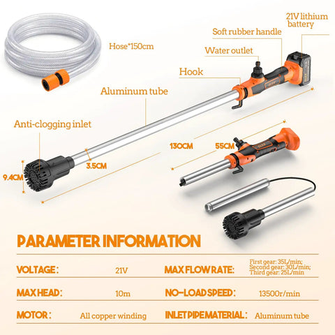 Heavy Duty Battery Powered Stick Water Pump With Three Speed Adjustable Motor And Hassle Free Bulk Transfer For Ponds Aquariums Basement Sump Pits And Garden Irrigation System with aluminum tube, 21V battery and rubber handle.