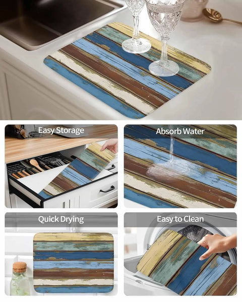 Blue Yellow Brown Wood Grain Dish Drying Mat For Kitchen Counter Absorbent Microfiber Quick Drying Machine Washable 16 By 18 Inches Abstract Art For Countertop