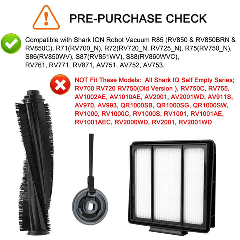 10 Pack Replacement Side Brushes And Filters For Shark ION Robot Vacuum Models with compatibility and non-compatibility details.