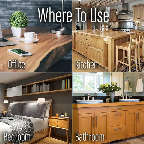 Collage showing office, kitchen, bedroom, and bathroom areas for using Lemon Oil Trigger Spray Go To Wood Furniture Polish.