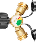 Propane Tank Splitter With Gauge 2 Way Y Adapter With Shut Off Valve, brass manifold for camping stoves and gas burners.