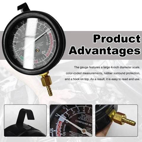 DXNQ fuel pump and vacuum tester gauge with 4-in dial, black housing, brass connector; automotive fuel system tester.