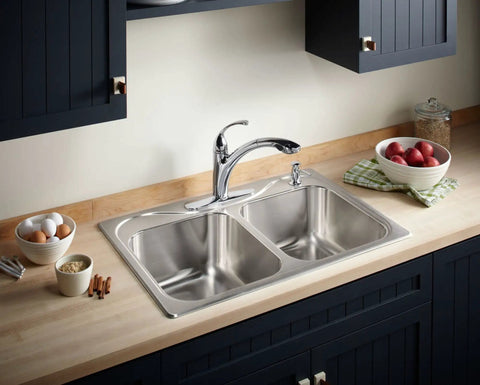Forté Single-Hole Kitchen Faucet with 9-1/16 Inch Spout, Polished Chrome, installed on a double sink.