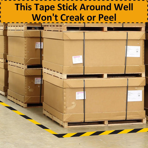 Six Rolls Black And Yellow Caution Tape 2In By 108Ft Floor Marking Tape for Clear Pathways and Safety Zones on warehouse floor.