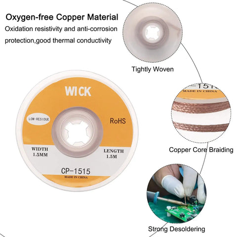 Desoldering Wick Braid No Clean Solder Wick 0.06 Inch Wide 5 Feet Long 2 Pack showing copper material, tightly woven braid, strong desoldering.