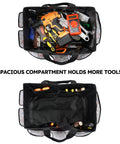 Deluxe Garden Tool Tote Bag With Pockets, wear resistant reusable 14 inch organizer, white floral, filled with tools, top view.
