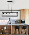 Farmhouse Kitchen Island Light With Black Matte Finish, Modern Industrial Five Light Linear Pendant Fixture in kitchen
