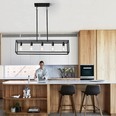Farmhouse Kitchen Island Light With Black Matte Finish, Modern Industrial Five Light Linear Pendant Fixture in kitchen