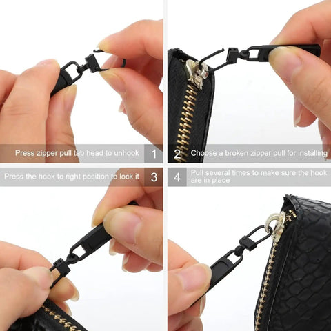 10 Pack Tiny Zipper Pull Replacements For Small Holes Detachable Sliders Fits Most Zippers For Bags Jackets Backpacks Boots Purses Coats And Pants In Silver Black Gold Gun Black Finish shown during installation on a black zipper.