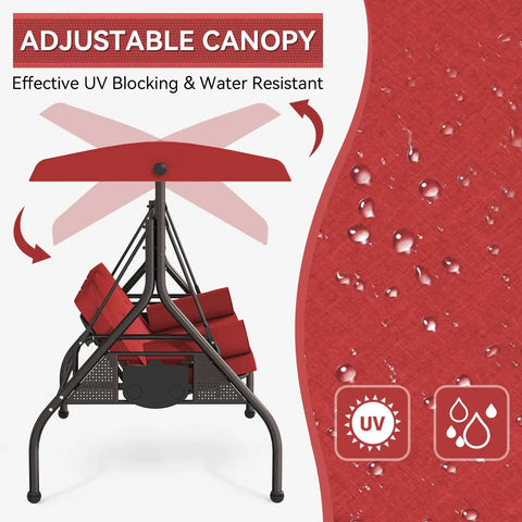 Side view of red Three Seat Outdoor Porch Swing With Adjustable Canopy And Convertible Two In One Chair Patio Glider for poolside use