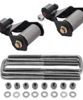 Ford Front Leaf Spring Shackle U Bolt Kit For 80 To 97 F 250 F 350 4WD Heavy Duty Suspension Upgrade 8.75 Inch Square U Bolts SKU 722015 Compatible With 4x4 Trucks, black steel shackles and square U-bolts with nuts