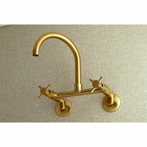 Concord 8 Inch Adjustable Center Wall Mount Kitchen Faucet in brushed brass; solid brass construction, drip-free ceramic disc cartridge