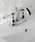 4 Inch Centerset Bathroom Faucet In Polished Chrome With Drip Free Ceramic Cartridge Crystal Lever Handle 1.2 GPM At 60 PSI Brass Construction Modern Classic Look For Your Bath mounted on sink