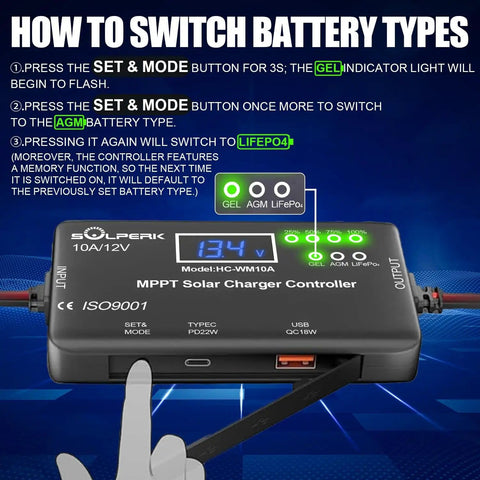 MPPT 10A 12V Solar Charge Controller With LCD Display And USB Type C Output For Lead Acid Gel AGM And LiFePO4 Batteries