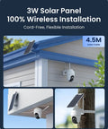 3W solar panel powering 4K Solar Wireless Outdoor Security System With Color Night Vision 360 Degree Pan Tilt Auto Tracking Wi Fi 6 2.4 And 5 GHz Encrypted Local Storage No Subscription Home Hub Included 2X Argus PT Ultra on house exterior